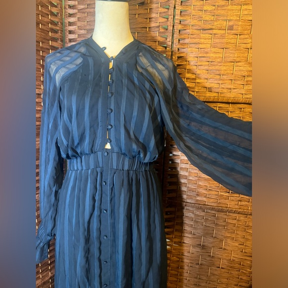 ASOS Dress Blue Pin Strip Sz 10 Sheer Overlay Long Sleeve Exposed Back ruffles - Picture 6 of 16